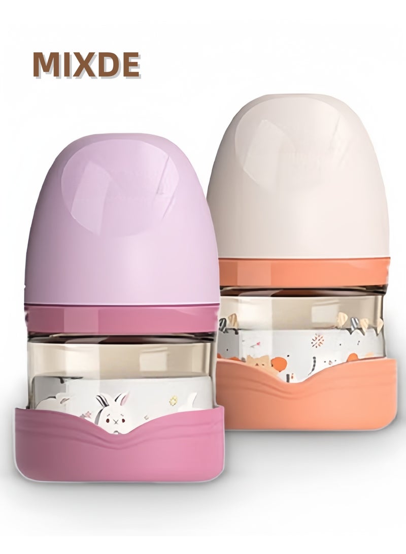 Pack of 2 Anti-Colic Glass Feeding Bottle for Newborn with Breast-Like Nipples and Silicone Anti Drop base, 80ml, 0M+, Wide-Neck(WhitePink) - Image 1