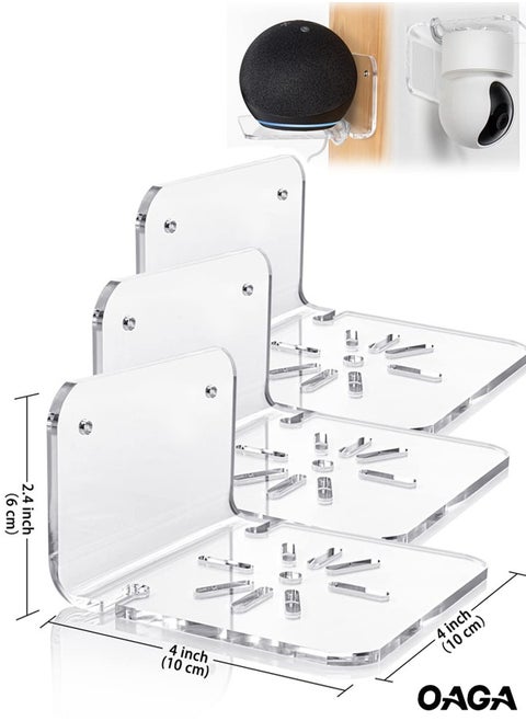 Acrylic Small Wall Shelf Set of 3 for Security Cameras, Speakers, Baby Monitors, Universal Adhesive Shelf Easy to Install No Drill, with Cable Clips (Clear)
