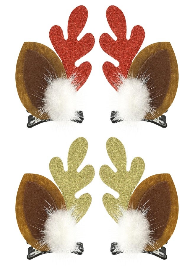 Quacc 2 Pairs Christmas Hair Clips, Reindeer Antlers Ears Hairpins with Plush Balls, Cute Christmas Hair Accessories for Girls Women (Red and Gold) - Image 1
