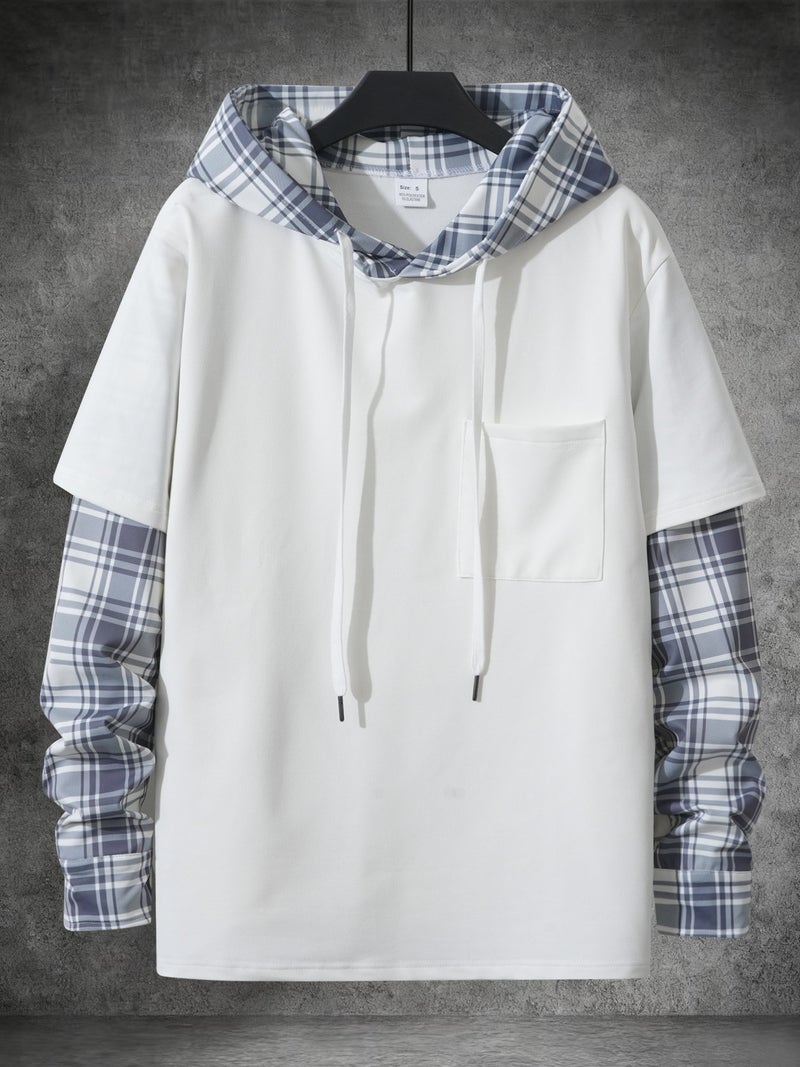 Men's Long Sleeve Hoodie Patchwork Plaid Casual Pullover Top - Image 4