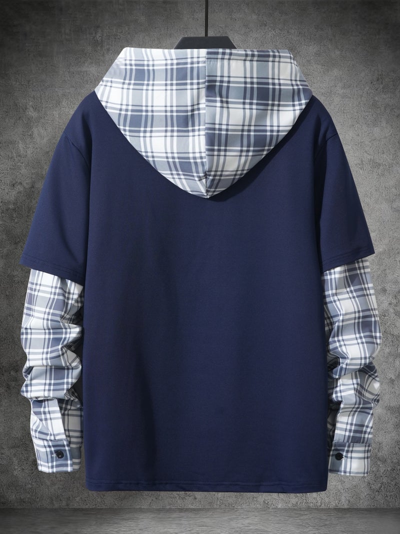 Men's Long Sleeve Hoodie Patchwork Plaid Casual Pullover Top - Image 2