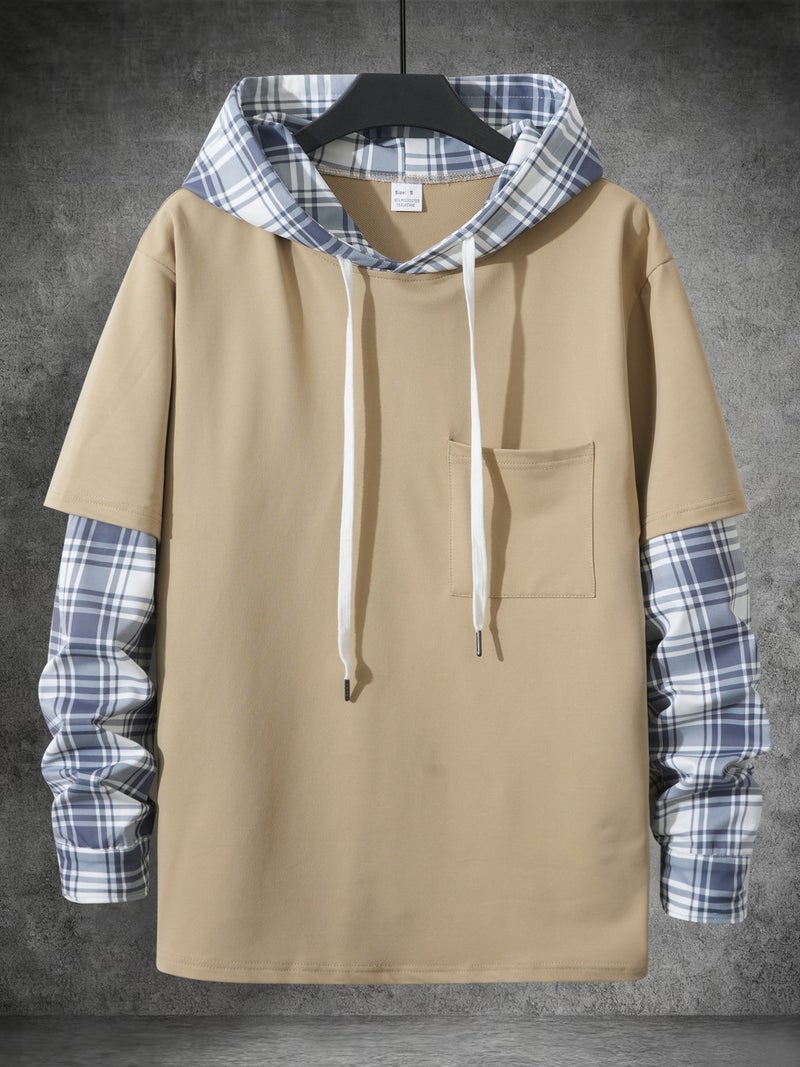 Men's Long Sleeve Hoodie Patchwork Plaid Casual Pullover Top - Image 3