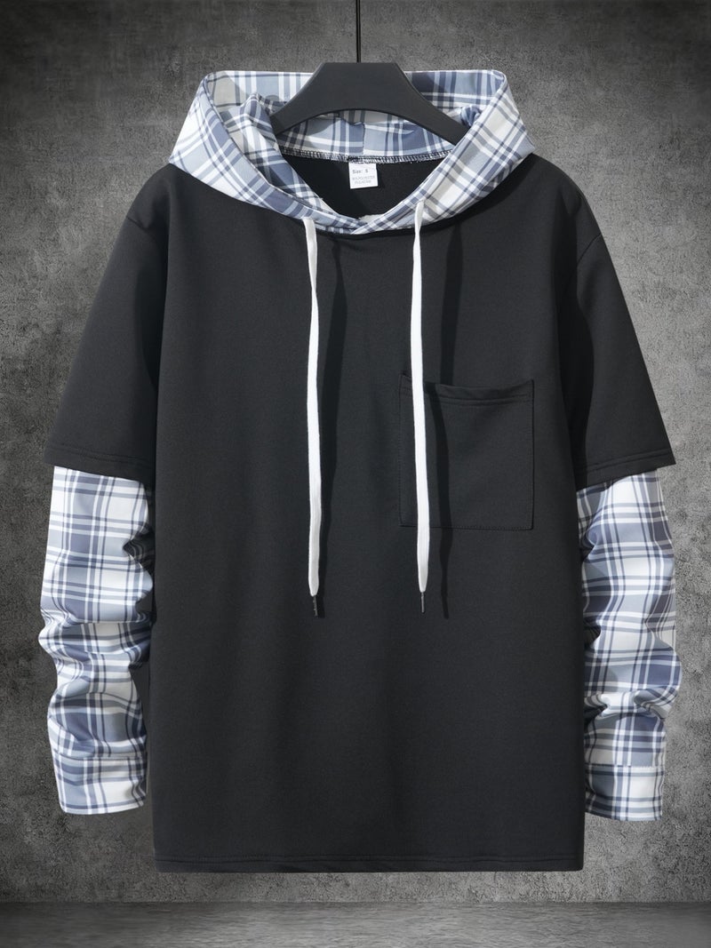 Men's Long Sleeve Hoodie Patchwork Plaid Casual Pullover Top - Image 5