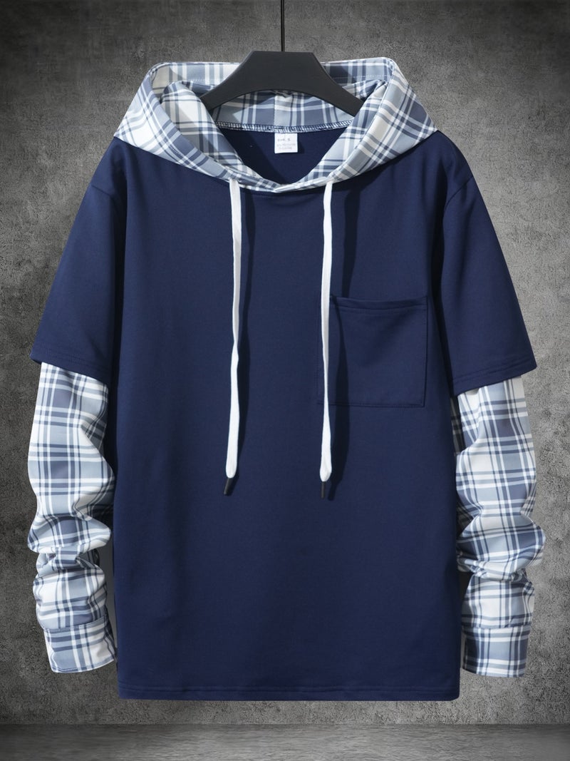 Men's Long Sleeve Hoodie Patchwork Plaid Casual Pullover Top - Image 1