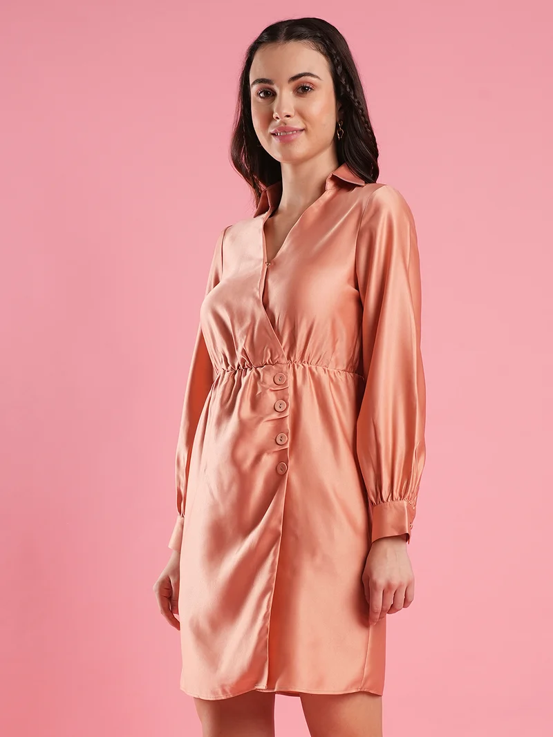 globus Women Shirt Collar Cuffed Sleeves Hong Button Detailing Satin Wrap Dress