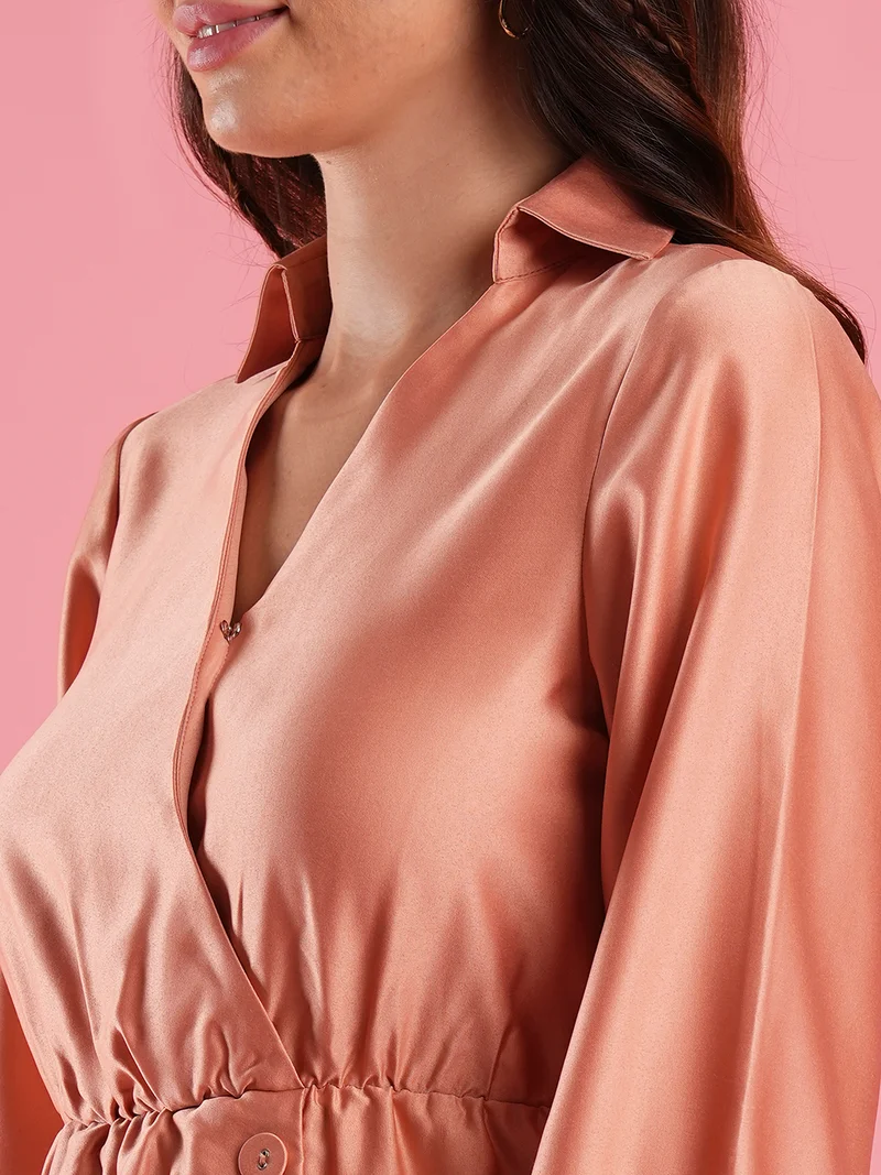 globus Women Shirt Collar Cuffed Sleeves Hong Button Detailing Satin Wrap Dress