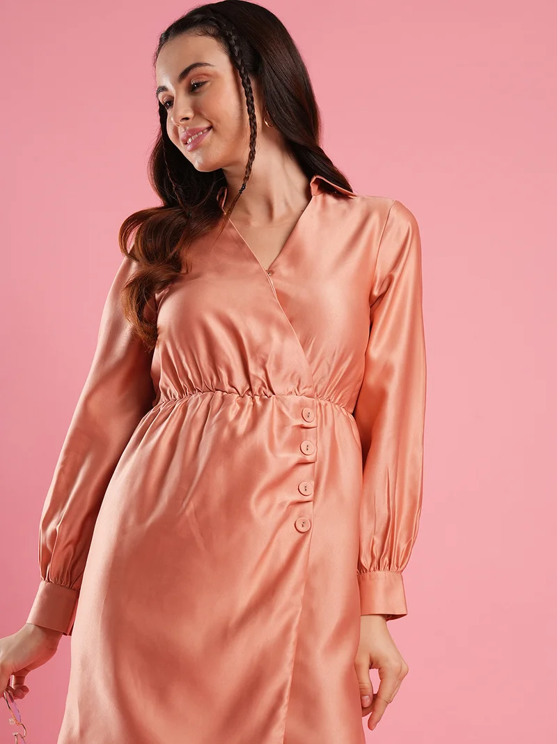 globus Women Shirt Collar Cuffed Sleeves Hong Button Detailing Satin Wrap Dress
