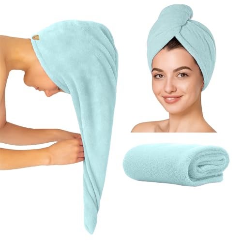 MAXOSHINE Hair Towel Wrap for Women-Quick Drying Microfiber Towel for Hair with Elastic Loop for Tying-Super Absorbent Head Towels Wrap for Ladies Hair Turban, Pista Green Pack of 1 - Image 1