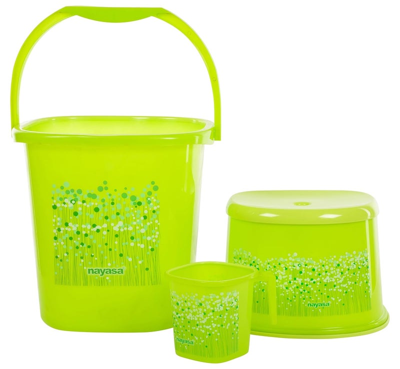 Nayasa Plastic Funk Square 3 Pcs Plastic Bathroom Set | Bucket 25 L + Mug 1.5 L + 508 Stool | Bathroom Accessory Set Plastic | Bathroom Set | Bath Set for Bathroom | Green - Image 1