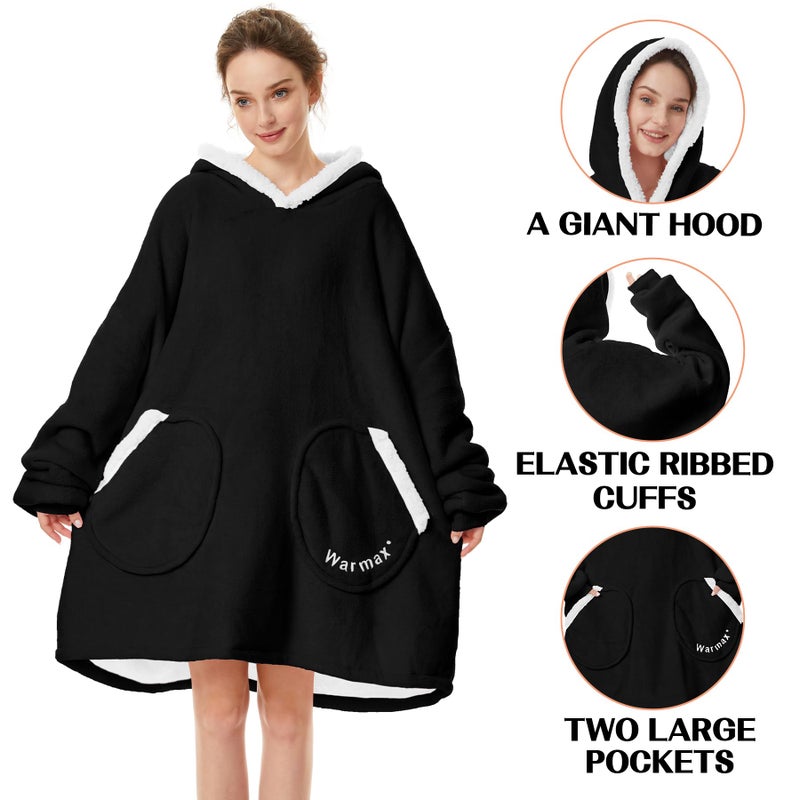 Zando Zando Black Blanket Hoodie Blue Blanket Women Men Cozy Warm Wearable Blanket Hoodies OversizedHooded Blanket Sherpa Blanket Hoodie with Pocket Thick Fleece Sweater Blanket Gift for Adult - Image 3
