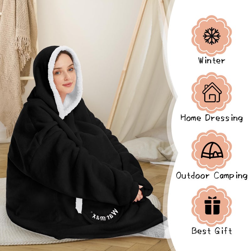 Zando Zando Black Blanket Hoodie Blue Blanket Women Men Cozy Warm Wearable Blanket Hoodies OversizedHooded Blanket Sherpa Blanket Hoodie with Pocket Thick Fleece Sweater Blanket Gift for Adult - Image 4