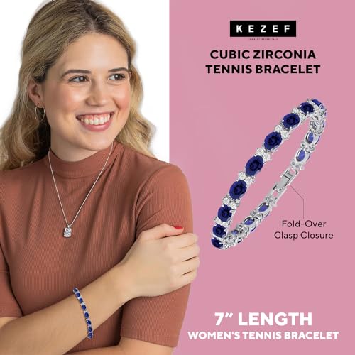 KEZEF Tennis Bracelets For Women - Cubic Zirconia - Oval 7x5mm Blue Sapphire Gemstones - Round 2.50mm White CZ - Silver Plated Brass - 7 Inch - Hypoallergenic Bracelets - Image 3