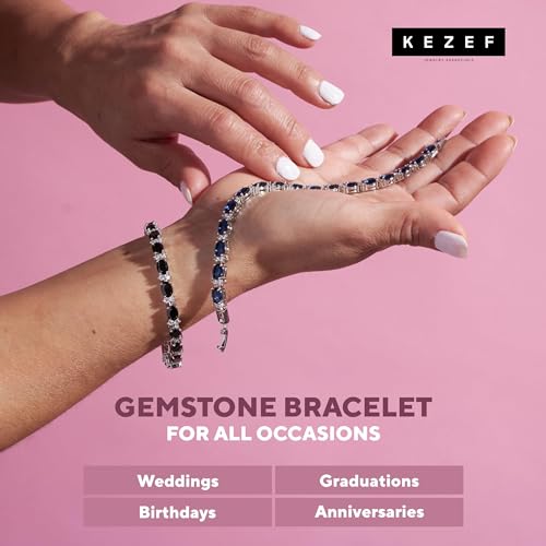 KEZEF Tennis Bracelets For Women - Cubic Zirconia - Oval 7x5mm Blue Sapphire Gemstones - Round 2.50mm White CZ - Silver Plated Brass - 7 Inch - Hypoallergenic Bracelets - Image 5