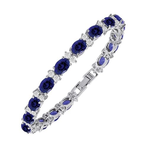 KEZEF Tennis Bracelets For Women - Cubic Zirconia - Oval 7x5mm Blue Sapphire Gemstones - Round 2.50mm White CZ - Silver Plated Brass - 7 Inch - Hypoallergenic Bracelets - Image 1