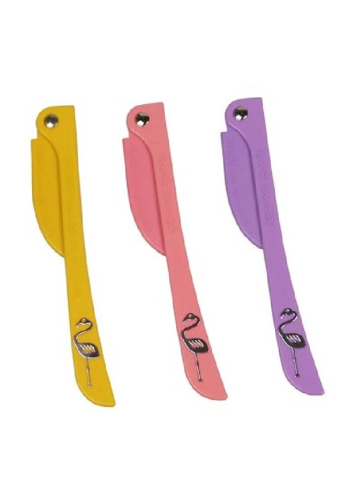 Feather Flamingo razors for women to remove eyebrow, neck, male and female hair, consisting of 3 yellow, pink, and purple blades 