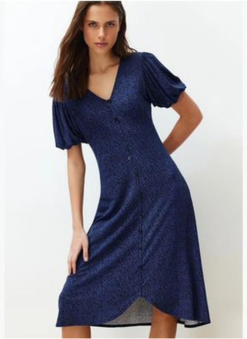 trendyol Navy Blue Balloon Sleeve Printed Midi Stretchy Knitted Midi Dress TWOSS24EL00475