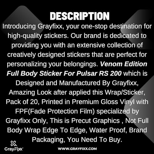 Grayfixx Venom Edition Full Body Sticker for Pulsar RS 200 | Printed in Premium Gloss Vinyl with FPF(Fade Protection Film), Water Proof, Precut Sticker, Pack of 1 for Both Side - Image 4
