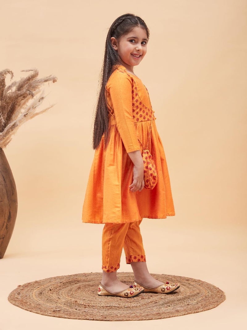 VASTRAMAY Girls’ Orange Anarkali Suit Set with Matching Bottom & Potli Bag – Elegant Ethnic Wear - Image 2