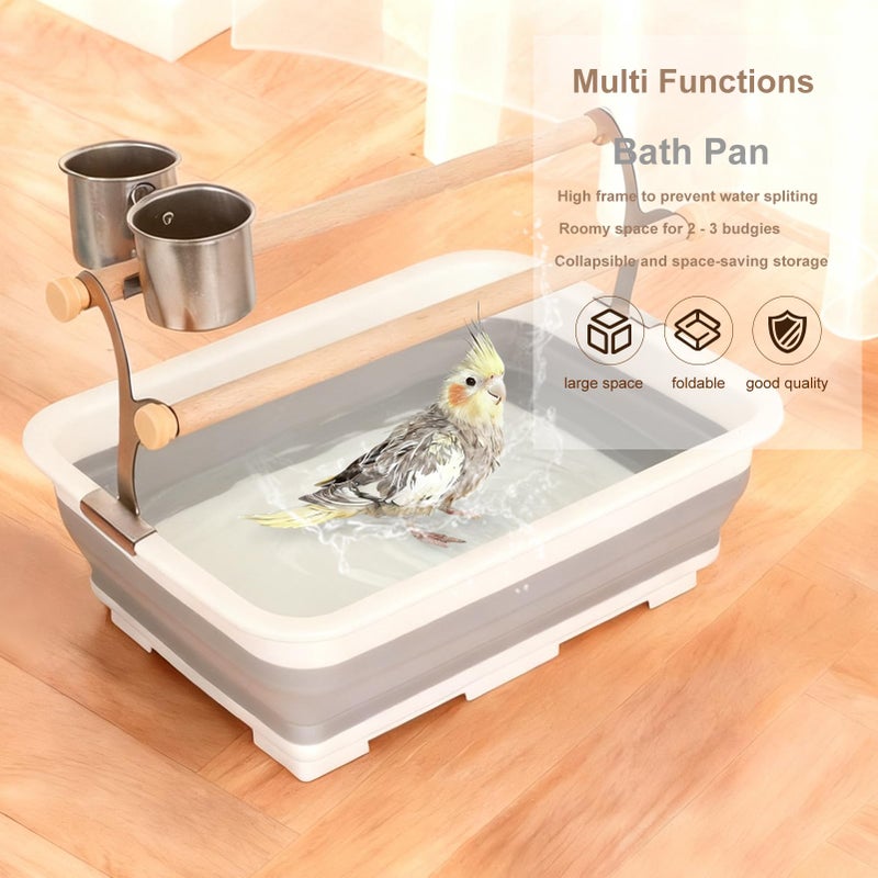 hereex Bird Desktop Shower Perch with Bucket, Training Stand with Collapsible Plastic Tray Two Perches Double Feeder Cups, Table Bath Perches for Small to Medium Sized Parakeet Cockatiel Conure Budgies - Image 3
