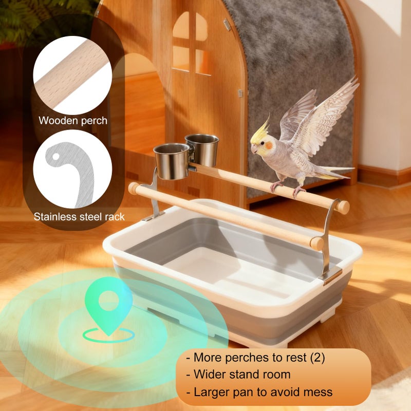 hereex Bird Desktop Shower Perch with Bucket, Training Stand with Collapsible Plastic Tray Two Perches Double Feeder Cups, Table Bath Perches for Small to Medium Sized Parakeet Cockatiel Conure Budgies - Image 4
