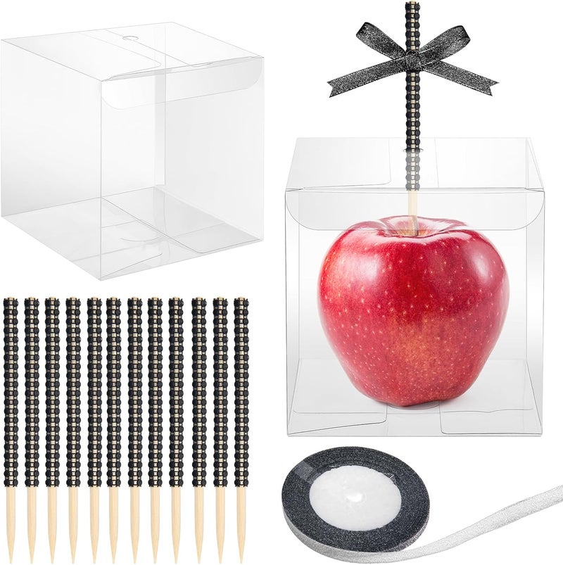 Anglekai 10+10 Candy Apple Kits, AngleKai 10Pcs Bling Candy Apple Sticks/ 10Pcs Candy Apple Boxes/ 25 Yard Ribbon, Rhinestone Caramel Apple Sticks Clear Candy Apple Boxes with Hole(Black) - Image 1