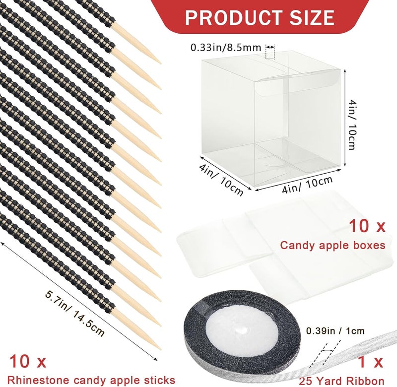 Anglekai 10+10 Candy Apple Kits, AngleKai 10Pcs Bling Candy Apple Sticks/ 10Pcs Candy Apple Boxes/ 25 Yard Ribbon, Rhinestone Caramel Apple Sticks Clear Candy Apple Boxes with Hole(Black) - Image 2