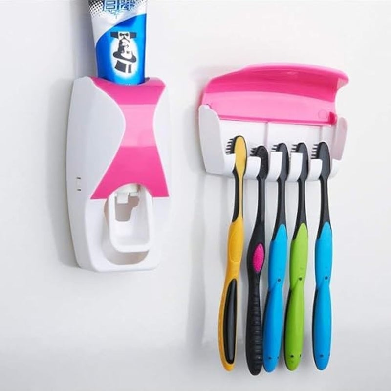 Plastic Automatic Hands Free Toothpaste Dispenser With Detachable 5 Hole Toothbrush Holder For Bathroom (Multi Color) - Image 1