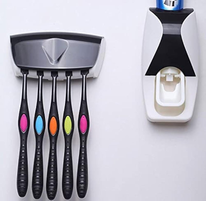 Plastic Automatic Hands Free Toothpaste Dispenser With Detachable 5 Hole Toothbrush Holder For Bathroom (Multi Color) - Image 2