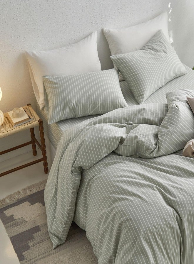 مومى طقم غطاء لحاف مخطط من مومي، مصنوع من القطن المغسول بنسبة 100%، ذو ملمس يشبه الكتان، يسمح بمرور الهواء، متين، ناعم ومريح (أخضر زيتوني وأبيض بخطوط عريضة، مقاس كوين 90 × 90 بوصة) - Image 4