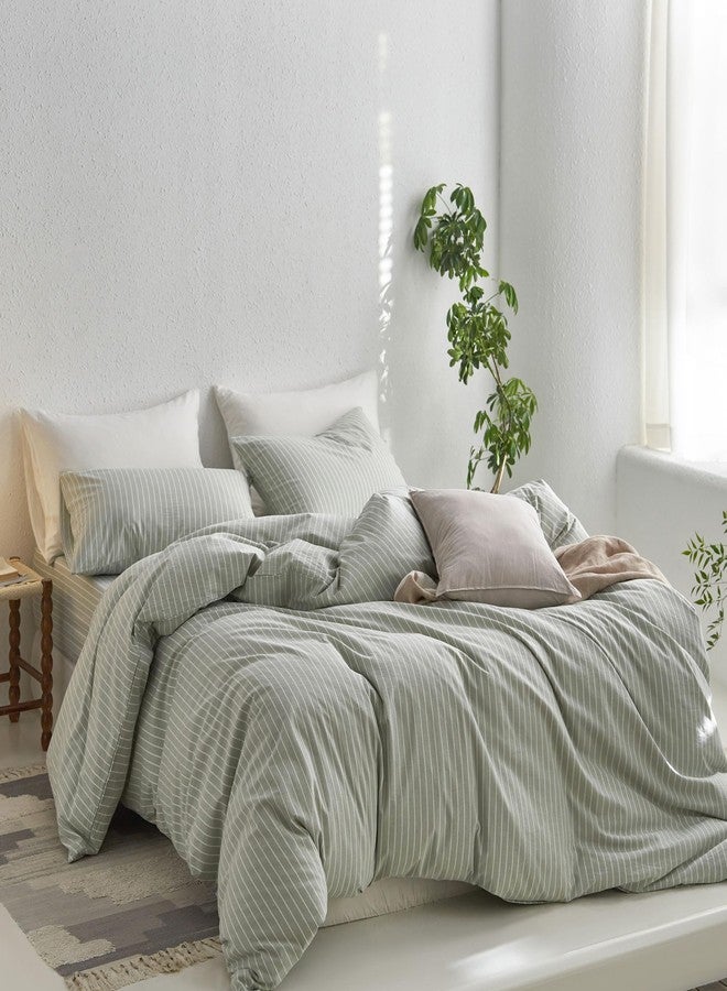 مومى طقم غطاء لحاف مخطط من مومي، مصنوع من القطن المغسول بنسبة 100%، ذو ملمس يشبه الكتان، يسمح بمرور الهواء، متين، ناعم ومريح (أخضر زيتوني وأبيض بخطوط عريضة، مقاس كوين 90 × 90 بوصة) - Image 3