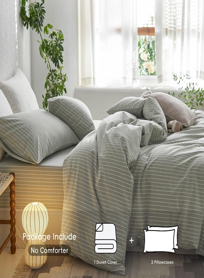 مومى طقم غطاء لحاف مخطط من مومي، مصنوع من القطن المغسول بنسبة 100%، ذو ملمس يشبه الكتان، يسمح بمرور الهواء، متين، ناعم ومريح (أخضر زيتوني وأبيض بخطوط عريضة، مقاس كوين 90 × 90 بوصة) - Image 2