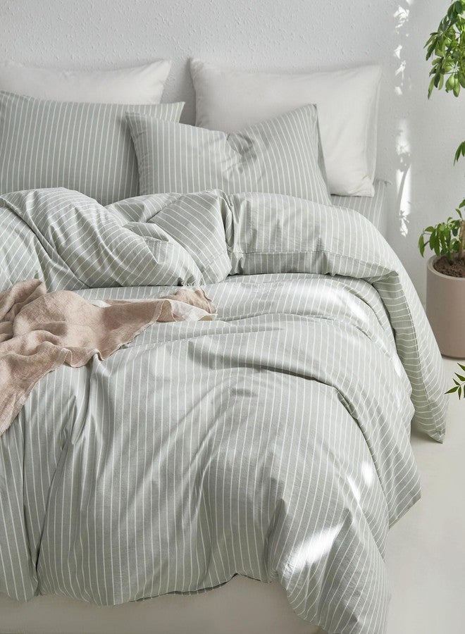 مومى طقم غطاء لحاف مخطط من مومي، مصنوع من القطن المغسول بنسبة 100%، ذو ملمس يشبه الكتان، يسمح بمرور الهواء، متين، ناعم ومريح (أخضر زيتوني وأبيض بخطوط عريضة، مقاس كوين 90 × 90 بوصة) - Image 5