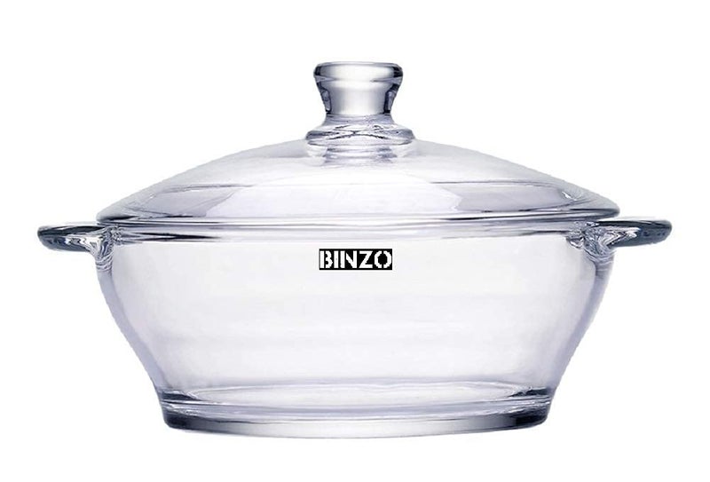 BINZO Glass Casserole, 1 Litre, 1000 ml, Bowl Glassware Dish with Glass Lid, Pack of 1, Microwave Oven Safe, Serving Casserole for Sabzi, Dal, Roti, Curry - Image 1
