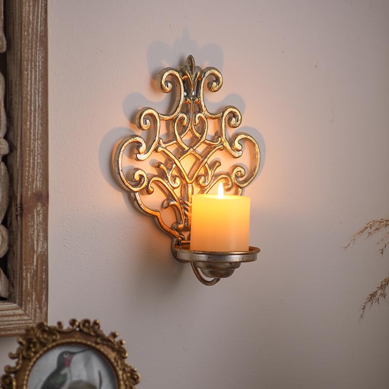 NOONEAU Gold Wall Sconce Candle Holder - Antique Crown Design Foldable Metal Candle Holder for Pillar Candles, Vintage Hanging Wall Decor for Living Room Bedroom Dining Room Kitchen - 10.6×7.9×4.7 Inch - Image 1