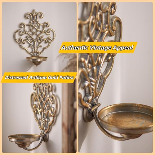 NOONEAU Gold Wall Sconce Candle Holder - Antique Crown Design Foldable Metal Candle Holder for Pillar Candles, Vintage Hanging Wall Decor for Living Room Bedroom Dining Room Kitchen - 10.6×7.9×4.7 Inch - Image 4