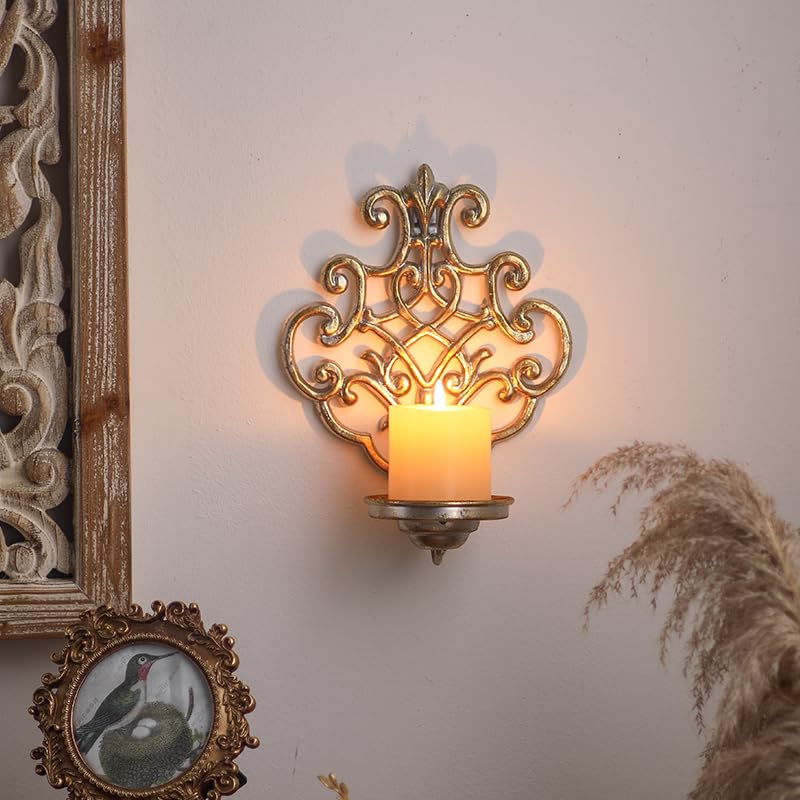 NOONEAU Gold Wall Sconce Candle Holder - Antique Crown Design Foldable Metal Candle Holder for Pillar Candles, Vintage Hanging Wall Decor for Living Room Bedroom Dining Room Kitchen - 10.6×7.9×4.7 Inch - Image 2