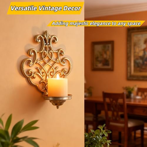 NOONEAU Gold Wall Sconce Candle Holder - Antique Crown Design Foldable Metal Candle Holder for Pillar Candles, Vintage Hanging Wall Decor for Living Room Bedroom Dining Room Kitchen - 10.6×7.9×4.7 Inch - Image 5