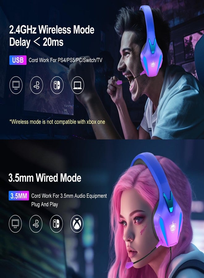 PHOINIKAS Wireless Gaming Headset for PS4 PS5 PC Switch, Wireless 2.4GHz Gaming Headphones with Detachable Noise Canceling Mic, 7.1 Stereo Sound, Only 3.5mm Wired Mode for Xbox Seires - Violet - Image 3