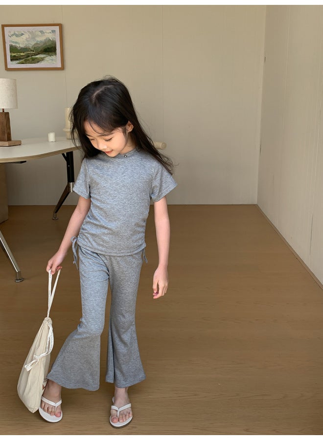 Girls' Drawstring Suit Fashionable Western Style Summer New Drawstring Short-sleeved T-shirt Children's Draping Anti-mosquito Flared Pants