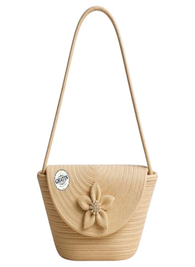 GHATIN Woven Straw Beach Bag, Cream Bucket Tote with Floral Detail, Cotton Rope Handle, Medium Size - Image 1