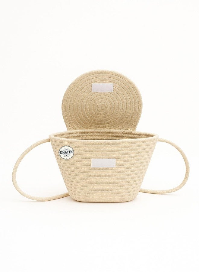 GHATIN Woven Straw Beach Bag, Cream Bucket Tote with Floral Detail, Cotton Rope Handle, Medium Size - Image 3