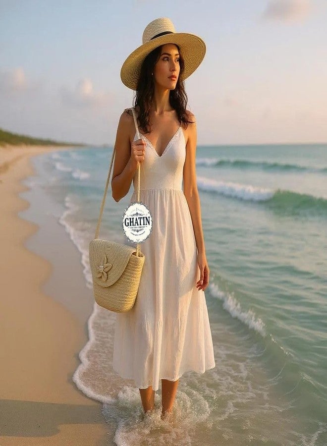 GHATIN Woven Straw Beach Bag, Cream Bucket Tote with Floral Detail, Cotton Rope Handle, Medium Size - Image 2