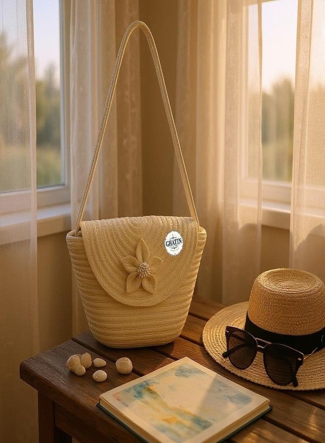 GHATIN Woven Straw Beach Bag, Cream Bucket Tote with Floral Detail, Cotton Rope Handle, Medium Size - Image 4