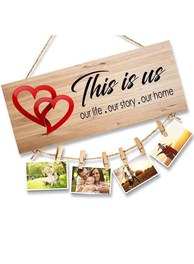 جو هوكد لافتة Go Hooked من خشب MDF مكتوب عليها This is Us Home لغرفة المعيشة على الحائط في مزرعة ريفية مع مشابك وخيوط، باللون البني، 35 × 15 × 0.8 سم، (حامل صور باللون البني) - Image 1