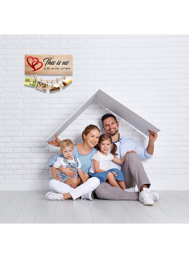 جو هوكد لافتة Go Hooked من خشب MDF مكتوب عليها This is Us Home لغرفة المعيشة على الحائط في مزرعة ريفية مع مشابك وخيوط، باللون البني، 35 × 15 × 0.8 سم، (حامل صور باللون البني) - Image 3