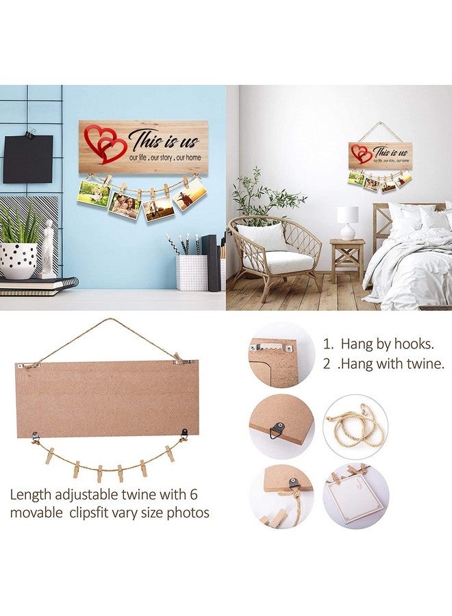 جو هوكد لافتة Go Hooked من خشب MDF مكتوب عليها This is Us Home لغرفة المعيشة على الحائط في مزرعة ريفية مع مشابك وخيوط، باللون البني، 35 × 15 × 0.8 سم، (حامل صور باللون البني) - Image 2