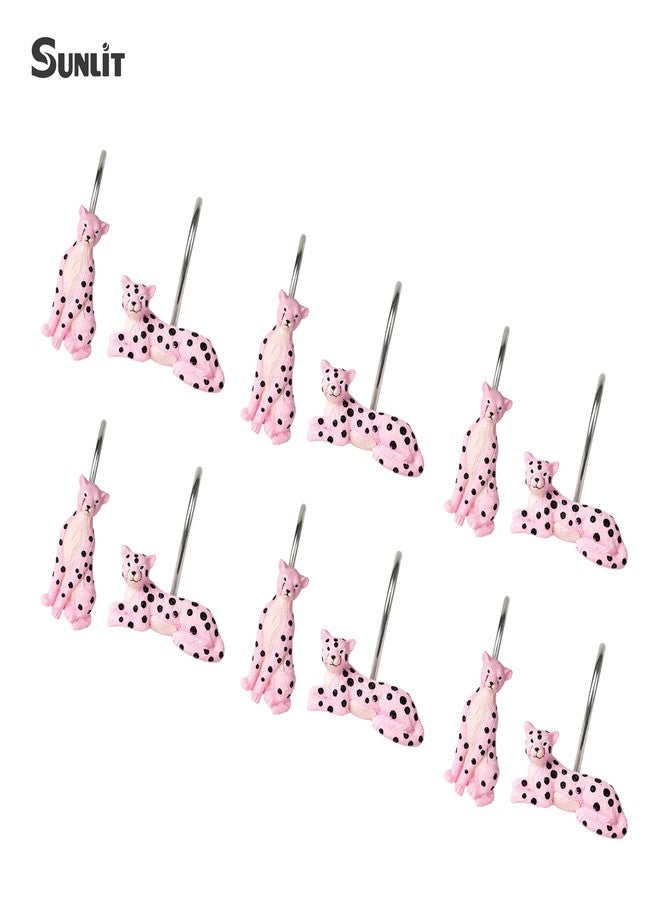 Sunlit Cheetah Shower Curtain Hooks, Jungle Home Decorative Leopard Shower Curtain Rings, Hand-Painted Resin, Wild Animals Shower Curtain Hanger Hooks for Kids Bathroom, Set of 12, Pink - Image 3