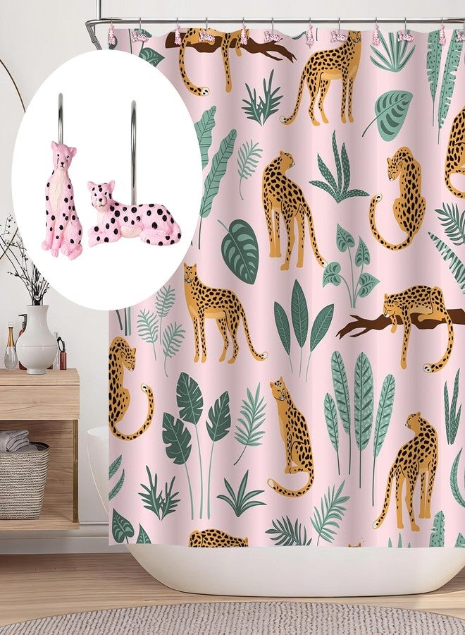 Sunlit Cheetah Shower Curtain Hooks, Jungle Home Decorative Leopard Shower Curtain Rings, Hand-Painted Resin, Wild Animals Shower Curtain Hanger Hooks for Kids Bathroom, Set of 12, Pink - Image 5