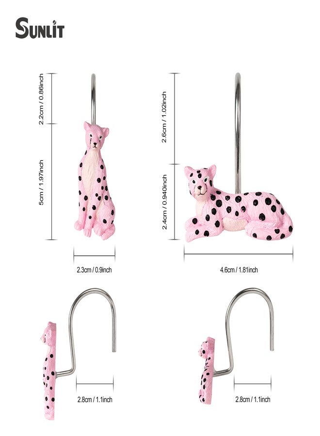 Sunlit Cheetah Shower Curtain Hooks, Jungle Home Decorative Leopard Shower Curtain Rings, Hand-Painted Resin, Wild Animals Shower Curtain Hanger Hooks for Kids Bathroom, Set of 12, Pink - Image 2