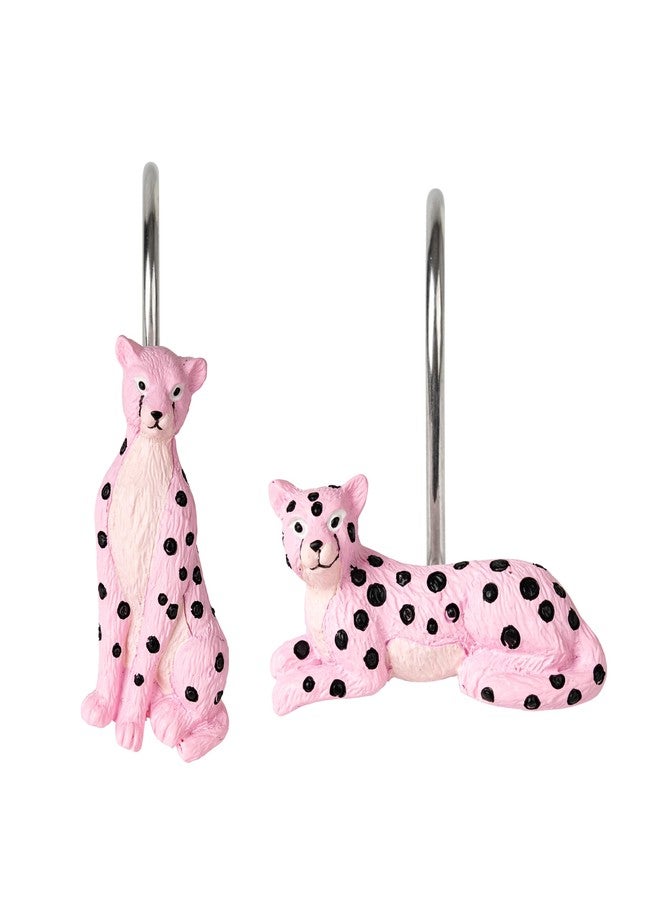 Sunlit Cheetah Shower Curtain Hooks, Jungle Home Decorative Leopard Shower Curtain Rings, Hand-Painted Resin, Wild Animals Shower Curtain Hanger Hooks for Kids Bathroom, Set of 12, Pink - Image 1